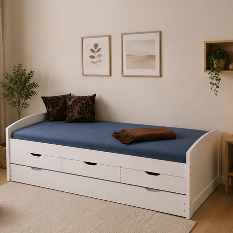 Dmora Letto singolo con letto estraibile inferiore e tre cassetti, colore bianco, cm 98 x 63 x 195, con imballo rinforzato (1/5)