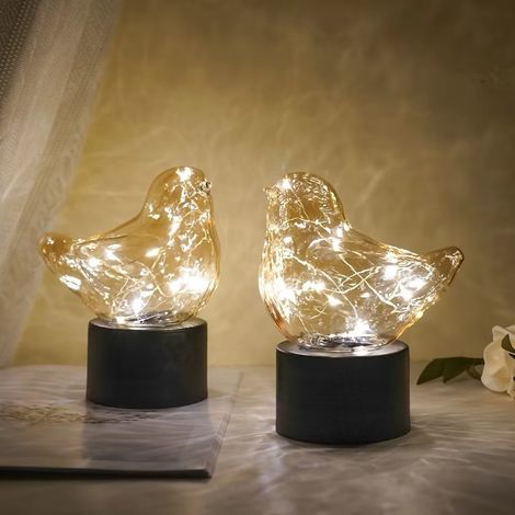 Lot de 2 lampes de table à piles, lampe oiseau, veilleuse sans fil, petite, idéale pour la chambre, la table de chevet ou la décoration de mariage, de fêtes ou de Noël. (1/5)