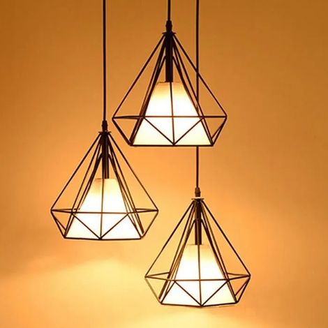 3 Lampes Lustre Suspension Luminaire Industrielle Plafonnier Rétro en Métal Suspension Abat-Jour Design Cage E27 Lampe de (1/4)