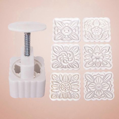 Moule à gâteaux de lune 150 g, 6 tampons carrés en forme de fleurs, moule à pâtisserie à presser à la main, pour la Fête de la Mi-Automne (1/4)