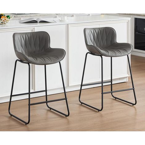 Lot de 2 tabourets de bar design capitonné en similicuir gris, pieds métal (1/5)