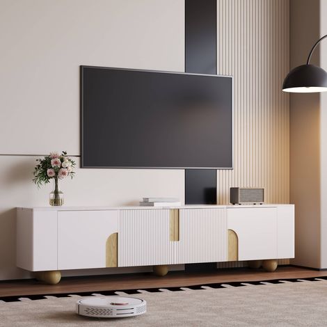 Meuble TV 180 cm, 4 portes et plateau effet marbre avec pieds boules en bois massif, salon, Blanc (1/5)