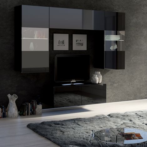 Wohnwand mit 2 Hängevitrinen in schwarz Hochglanz mit LED Beleuchtung CAIRNS-132, B/H/T ca. 195/200/43 cm (1/4)