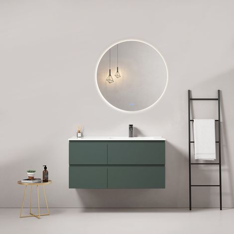 Mobile bagno sospeso 100 cm Verde Comodoro Lavabo a Destra in Ceramica Specchio Tondo Retroilluminato - Fiji Paint