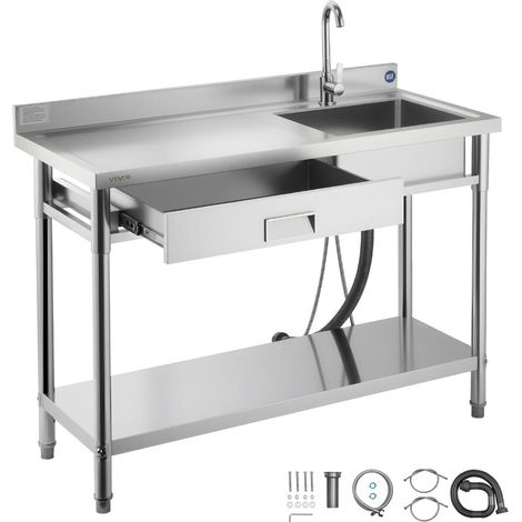 Rangement et lavage facilités avec cet évier cuisine inox 120x50x94 cm à cuve unique, pour garage ou restaurant (1/5)