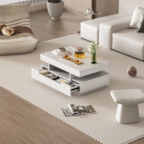 Table basse brillante avec éclairage LED intégré, meuble de salon à 4 tiroirs avant et arrière, grand rangement, design moderne, finition laquée, idéal pour séjour contemporain (1/5)