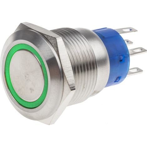 Bouton-poussoir, Verrouillable lumineux, LED Vert, 5 A, Argent, Montage panneau 12V ( Prix pour 1 ) (1/2)