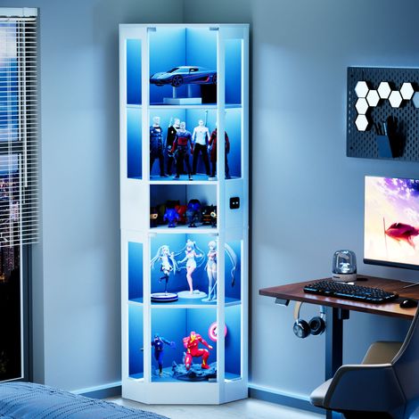Vitrine 5 niveaux avec rangement, LED, portes vitrées, salon chambre bureau blanche