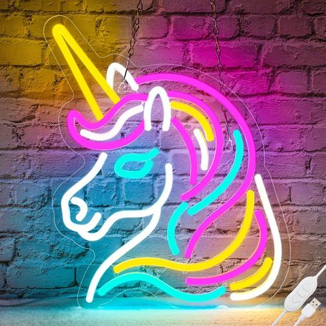 Lampe néon LED décorative motif cheval arc-en-ciel, dimensions 33 x 32 cm, décoration murale
