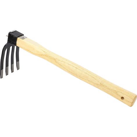 Outil de jardin combinant houe, fourche, râteau et bêche à main avec manche en bois, pour broyer et aérer le sol (1/5)