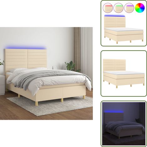 Cama con cabecero ajustable - vidaXL Cama box spring colchón y luces LED tela crema 140x190 cm - Colchón ensacado