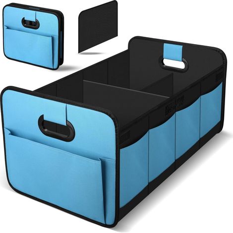 Organisateur de coffre pliable bleu, 3 compartiments, poignées robustes, rangement voiture (1/5)