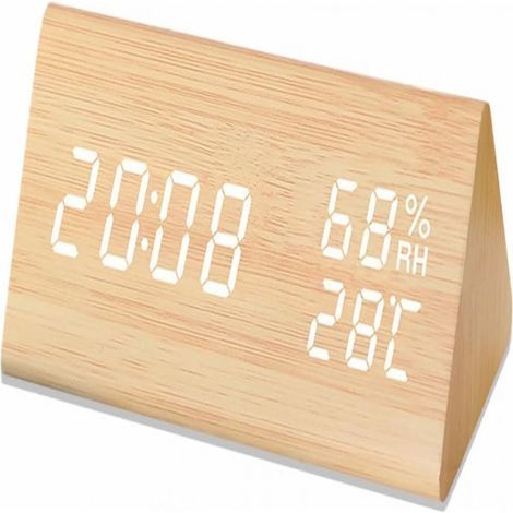 Horloge Silencieuse en Bois de Bambou avec Éclairage LED Affichage LCD. Détection de Température et Humidité. Luminosité Réglable. Activation par le Son. Alimentation USB (1/5)
