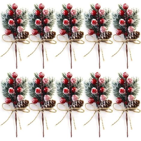 10 Pieces 20 cm Long Red Christmas Berry Stems - Small Artificial Christmas Sticks and Sprays with Pine Cones, Holly, Christmas Berries, Floral Decorations for Christmas Wreaths, (1/4)