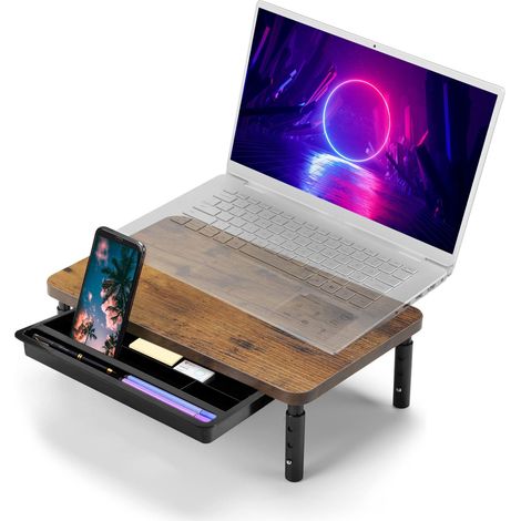 Supporto rustico per monitor laptop HAJNAN con ripiano e cassetto