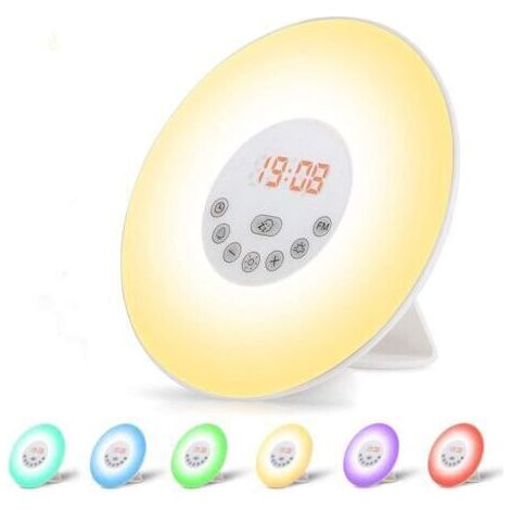 NALOOKAMIC Radio Réveil Lumineux Lampe de Chevet LED Contrôle Tactile Simulation du Lever et du Coucher de Soleil 10 Niveaux de Lumière Snooze 6 Sons Naturels, Veilleuse 7 Couleurs pour Bébé Enfant Ad