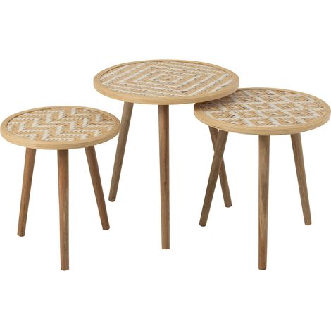 Table gigogne bambou et bois naturel motifs blancs élégants - Naturel bois et blanc motifs géométriques