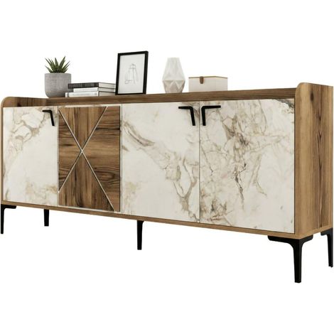 Console Deneb, Buffet de Salon, Meuble Bas pour TV, Socle Mural équipé, 180x35 h78 cm, Noyer et Marbre Blanc (1/5)