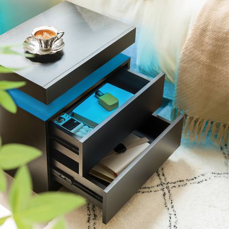 Table de chevet moderne avec éclairage LED et 2 tiroirs (noire) (1/5)