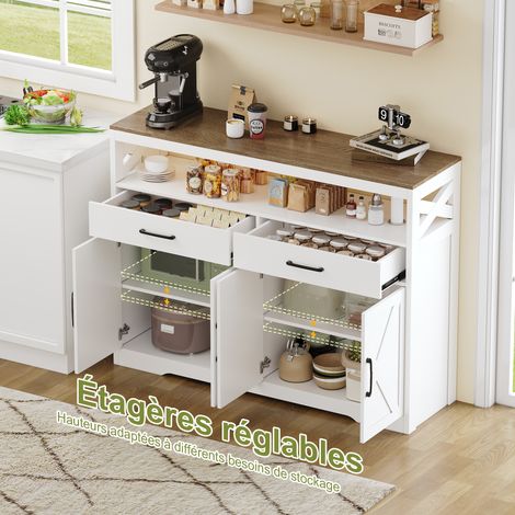 Sideboard 140 cm, Aufbewahrungsmöbel mit 2 Schubladen und 4 Schranktüren, schwarze Griffe, Holzplatte, Design, Weiß