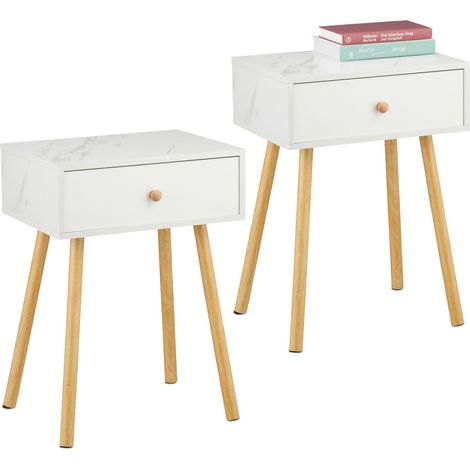 Relaxdays Nachttisch, 2er Set, Schublade, Marmor- & Holzoptik, HBT: 55x40x32 cm, Schlafzimmer, Nachtschrank, weiß/natur