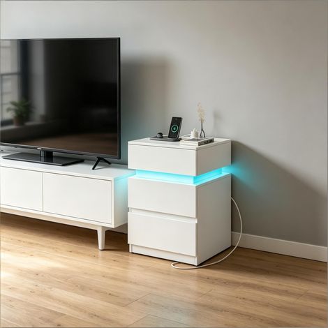 Set di 2 comodini con LED, 2 cassetti, scomparto ribaltabile, prese e USB, bianco, 40x35x55 cm