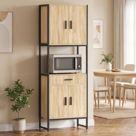 Buffet Haut Cuisine, Armoire 4 Portes Fermeture Douce, Tiroir, 60x30x170 cm, Bois Naturel (1/5)