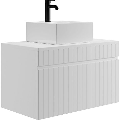 Mobile per bagno sospeso con scanalature e lavabo quadrato da appoggio 80 cm Bianco - SATARA