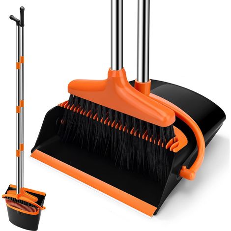 Besen- und Kehrschaufel-Set, Vertikalbesen-Set, faltbare Kehrschaufel mit Kammdesign, einziehbarer Besen, Besen-Set für Zuhause, Büro, Arbeitszimmer (orange) (1/3)