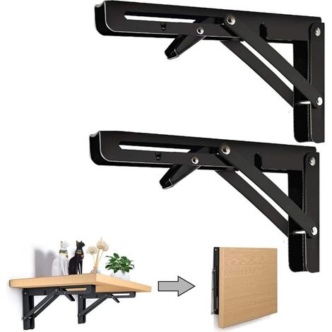 2PCS 10 Inch Noir Équerre Pliante 250mm Support d' Étagères Pliants Mural en Acier Laminé à Froid Equerre pour Etagere Murale, Métal Étagères Pliable Support en Forme de L Charge Maximale 80kg (1/5)