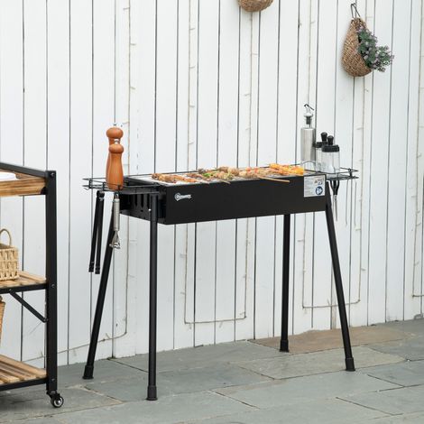 Holzkohlegrill mit 2 Edelstahlgrillrosten, tragbarer Grill mit 2 Gewürzablagen für Camping, 94 x 39 x 70 cm, Schwarz