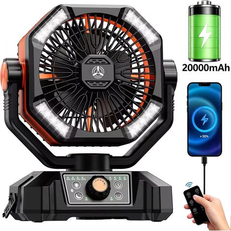 Ventilateur nomade orange – 4 lanternes LED – 8 vitesses – Minuterie – Batterie 20000 mAh – Camping / plein air / pêche