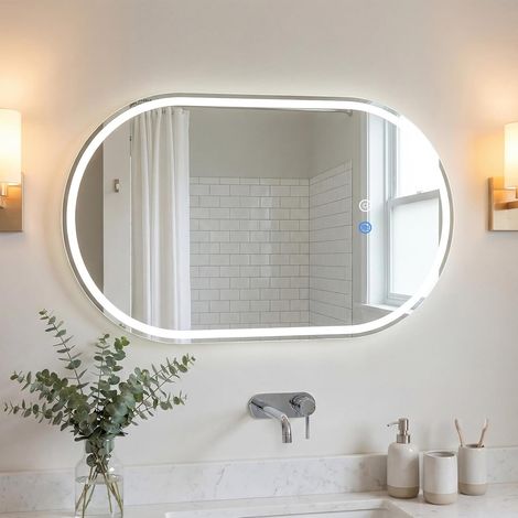 COSTWAY Specchio per Bagno LED 90x55cm, Vetro Temperato, 3 Luci Regolabili, Anti-Appannamento (1/5)