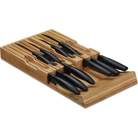 Relaxdays Organizador Cajón 12 Cuchillos Picadores, Bloque Posacuchillos Horizontal, 4,5 x 43,5 x 23 cm, Bambú, Natural