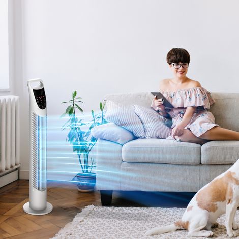Ventilateur colonne, 3 vitesses, fonctionnement silencieux, minuterie, télécommande, 18 x 78,5 cm, blanc