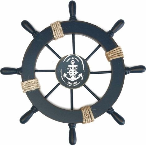 Décoration murale gouvernail en bois – Motif maritime bleu foncé – Dimensions 28 x 28 cm – Pour intérieur maison de plage (1/5)