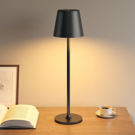Kabellose Nachttischlampe fürs Schlafzimmer, Nachtlicht für Kinder und Erwachsene, dekorative LED-Lampe, 3 Helligkeitsstufen, Ganzmetallgehäuse, zwei Batterien, USB-aufladbar, Schwarz [Klasse (1/5)