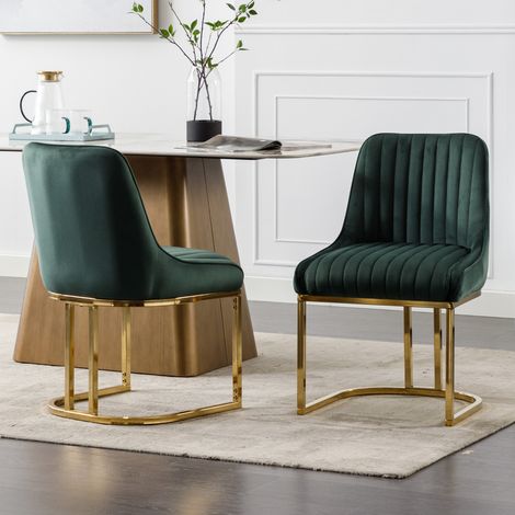 Wahson Lot de 2 chaises de salle à manger en velours épais – Pieds en métal doré – Hauteur d'assise 47cm – Capacité 110kg – Vert (1/5)