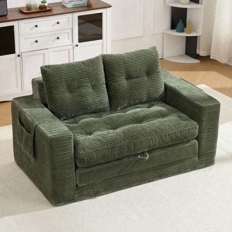 Canapé deux places, idéal pour s'allonger et s'asseoir, avec accoudoirs élargis et poches latérales – convient au salon, à la chambre et au bureau, vert (1/5)
