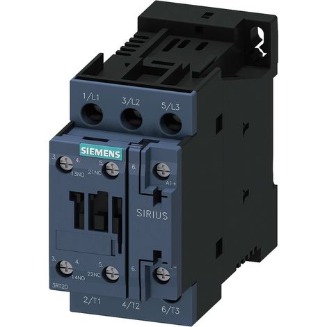 Siemens Contactor, AC-3e, 9 A/4 kW/400V, 3 polos, DC 24V, 1NO+1NC, Conexión por tornillo, 3RT20231BB40