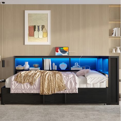 Lit de jour moderne métal et MDF 90x200 cm noir avec lit gigogne, 5 rangements, LED et ports USB (1/5)
