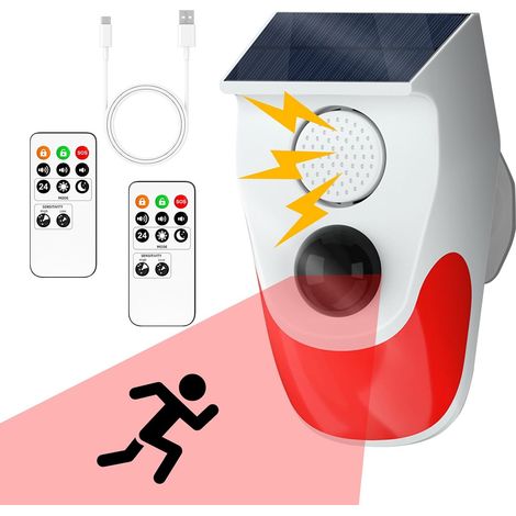 Detecteur de Mouvement Solaire, 2 Télécommandes, 120dB et IP65 Alarme Détecteur Mouvement Exterieur, Detecteur de Passage Sans Fil, Alarme Maison pour Garage, Ferme, Jardin (1/5)