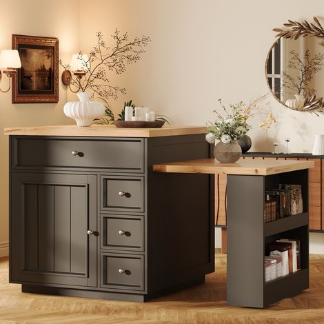 Îlot de cuisine extensible 120–184x70x97 cm avec tiroirs, plateau aspect bois, meuble mobile multifonction, cuisine et bar, noir (1/5)