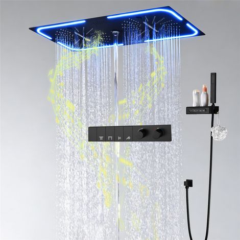 Colonna Doccia Termostatico Musicale Colonna Doccia da incasso LED 64 Colori Bluetooth Kit Doccia con 700 350mm 4 Funzioni Soffione Doccia a Pioggia, Doccetta, Rubinetto Vasca(Nero) (1/5)