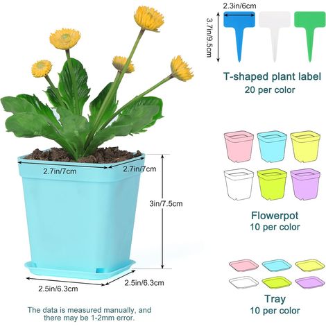 60 Pièces Pots de Pépinière en Plastique, 7cm Carrés avec Plateaux et Etiquettes, pour Plantes, Fleurs, Légumes - Multi-Couleur (1/4)
