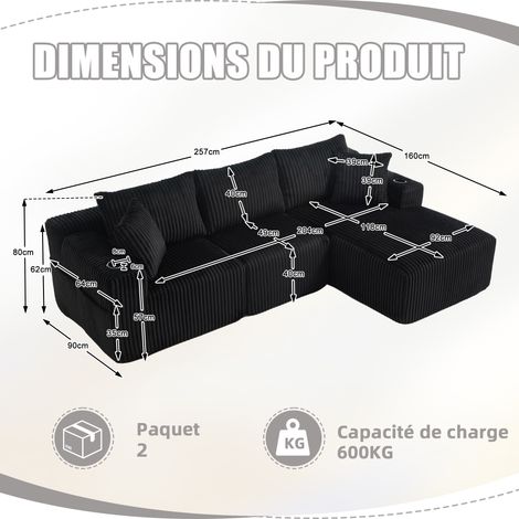 DOKEA Ensemble canapé modulable avec méridienne et 2 places, velours côtelé, 5 coussins et poches, noir (1/5)