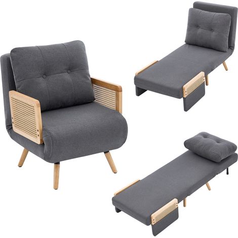 Poltrona letto 3 in 1 con funzione di sonno, poltrona relax pieghevole e letto per ospiti, poltrona lounge imbottita con schienale regolabile in 5 posizioni e braccioli in rattan, Grigio. (1/5)