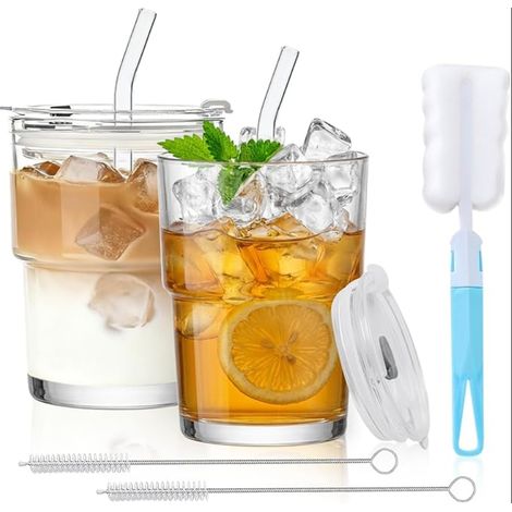 Verre à Eau avec Couvercle et Paille, Gobelets Smoothie en Verres Strié Design Étanche, Tasses Café Glacé, pour Cola, Jus de Fruits, Lait (1/5)