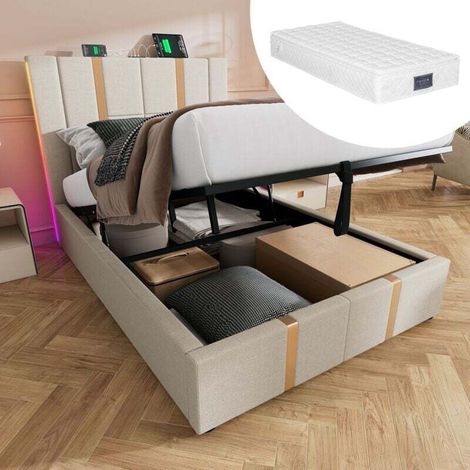 Cama individual LED de 90 x 200 cm, somier de madera, tela de lino beige, con carga USB tipo C, apta para jóvenes y adultos (colchón incluido). (1/5)