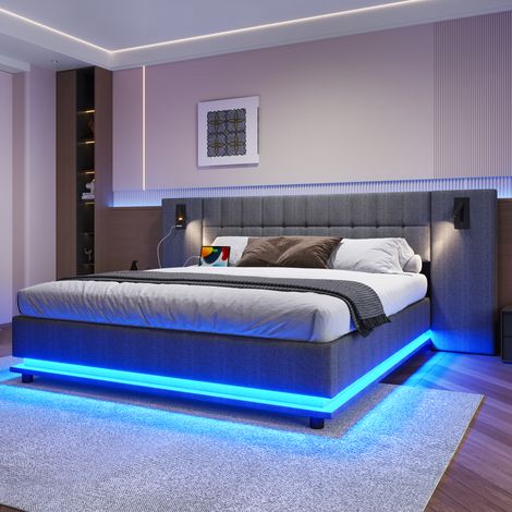 Lit capitonné 180x200cm avec bande LED et spot et USB, lit 180x200 avec sommier, senza materasso, lino, Gris (1/5)